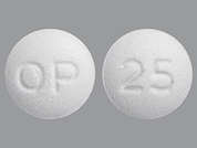 Miglitol: Esto es un Tableta blanco redondo imprimido con OP en la parte delantera, 25 en la parte posterior, y es fabricado por SUN PHARMACEUTI.