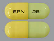 Trokendi Xr: Esto es un Cápsula LP 24 Hr verde claro oblongo imprimido con SPN en la parte delantera, 25 en la parte posterior, y es fabricado por SUPERNUS PHARMA.