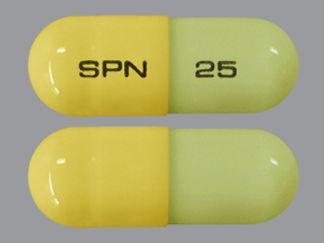 This is a Capsule Er 24 Hr imprinted with SPN on the front, 25 on the back.