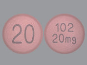 Lonsurf: Esto es un Tableta imprimido con 20 en la parte delantera, 102  20mg en la parte posterior, y es fabricado por None.