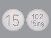 Lonsurf: Esto es un Tableta imprimido con 15 en la parte delantera, 102  15mg en la parte posterior, y es fabricado por None.