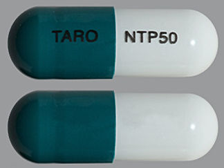 This is a Capsule imprinted with TARO on the front, NTP50 on the back.