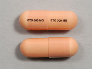 This is a Capsule imprinted with ETO 300 MG on the front, ETO 300 MG on the back.