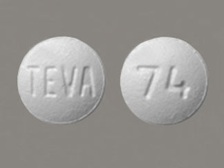 This is a Tablet imprinted with TEVA on the front, 74 on the back.