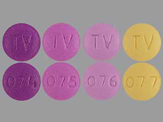 This is a Tablet Dose Pack 3 Months imprinted with TV on the front, 076 or 075 or 074 or 077 on the back.