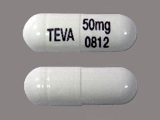 This is a Capsule imprinted with TEVA on the front, 50mg  0812 on the back.