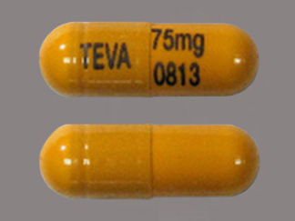 Esto es un Cápsula imprimido con TEVA en la parte delantera, 75mg  0813 en la parte posterior, y es fabricado por None.