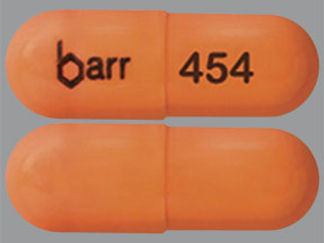 This is a Capsule imprinted with barr on the front, 454 on the back.
