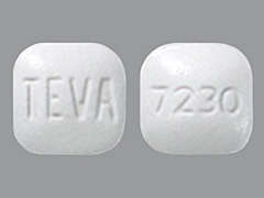 This is a white pillow Tablet imprinted with TEVA on the front, 7230 on the back, and is manufactured by TEVA USA.