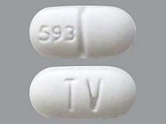 This is a white oblong Tablet imprinted with 593 on the front, TV on the back, and is manufactured by TEVA USA.