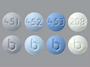 Tri-Lo-Sprintec: This is a multi-color (4) round Tablet imprinted with b on the front, 451 or 452 or 453 or 208 on the back, and is manufactured by TEVA USA.