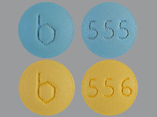 This is a Tablet Dose Pack 3 Months imprinted with B on the front, 555 or 556 on the back.