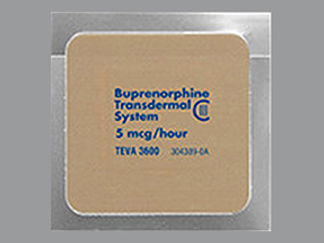 This is a Patch Transdermal Weekly imprinted with Buprenorphine  Transdermal  System on the front, 5 mcg/hour on the back.