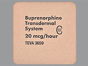 Buprenorphine: Esto es un Parche Transdérmico Semanal imprimido con Buprenorphine  Transdermal  System  CIII en la parte delantera, nada en la parte posterior, y es fabricado por None.
