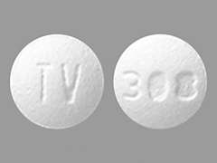 This is a white round Tablet imprinted with TV on the front, 308 on the back, and is manufactured by TEVA USA.