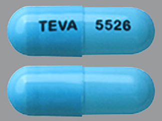 This is a Capsule imprinted with TEVA on the front, 5526 on the back.