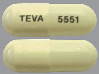 This is a Capsule Er Biphasic 50-50 imprinted with TEVA on the front, 5551 on the back.