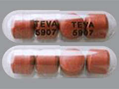 Esto es un Cápsula transparente oblongo imprimido con TEVA  5907 en la parte delantera, TEVA  5907 en la parte posterior, y es fabricado por TEVA USA.