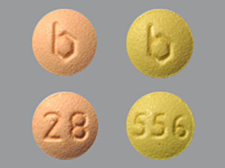 This is a Tablet Dose Pack 3 Months imprinted with b on the front, 28 or 556 on the back.