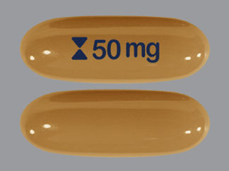 This is a Capsule imprinted with logo and 50 mg on the front, nothing on the back.