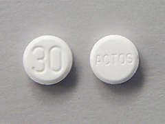 Esto es un Tableta blanco redondo imprimido con 30 en la parte delantera, ACTOS en la parte posterior, y es fabricado por TAKEDA PHARMACE.