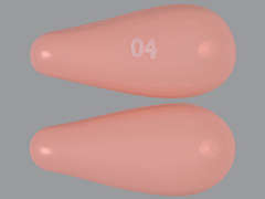 This is a light pink teardrop Insert imprinted with 04 on the front, nothing on the back, and is manufactured by MAYNE PHARMA IN.
