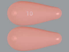 This is a light pink teardrop Insert imprinted with 10 on the front, nothing on the back, and is manufactured by MAYNE PHARMA IN.