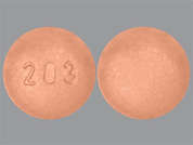 Darifenacin Er: This is a light peach round Tablet Er 24 Hr imprinted with 203 on the front, nothing on the back, and is manufactured by TORRENT PHARMAC.