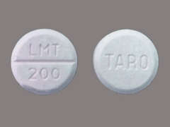 This is a light blue round Tablet imprinted with TARO on the front, LMT  200 on the back, and is manufactured by TARO/SUN PHARMA.