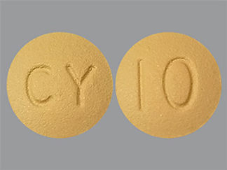 This is a Tablet imprinted with CY on the front, 10 on the back.