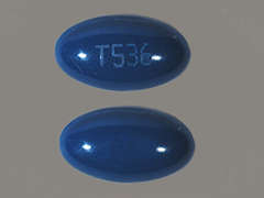 This is a blue oval Capsule imprinted with T536 on the front, nothing on the back, and is manufactured by TRIGEN LABORATO.
