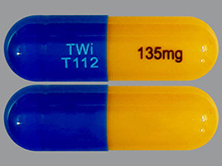 This is a Capsule Dr imprinted with TWi  T112 on the front, 135mg on the back.