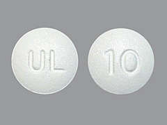 This is a white round Tablet imprinted with UL on the front, 10 on the back, and is manufactured by UNICHEM PHARMAC.