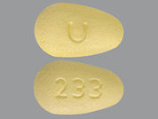 Valsartan: This is a yellow almond Tablet imprinted with 233 on the front, U on the back, and is manufactured by UNICHEM PHARMAC.