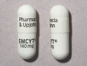 Emcyt: Esto es un Cápsula imprimido con PHARMACIA  & UPJOHN en la parte delantera, EMCYT and logo  140 mg en la parte posterior, y es fabricado por None.