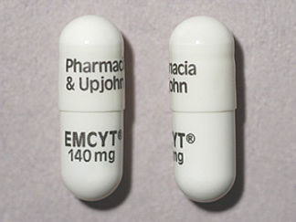 Esto es un Cápsula imprimido con PHARMACIA  & UPJOHN en la parte delantera, EMCYT and logo  140 mg en la parte posterior, y es fabricado por None.