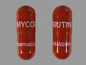 Rifabutin: This is a Capsule imprinted with MYCOBUTIN on the front, PHARMACIA & UPJOHN on the back.