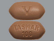 Tolcapone: This is a beige hexagonal Tablet imprinted with V on the front, TASMAR  100 on the back, and is manufactured by OCEANSIDE PHARM.