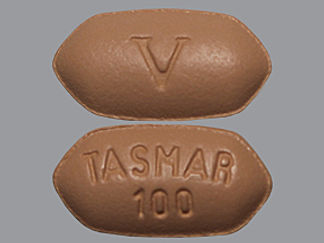 This is a Tablet imprinted with V on the front, TASMAR  100 on the back.