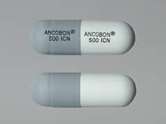 This is a white oblong Capsule imprinted with ANCOBON and logo  500 ICN on the front, ANCOBON and logo  500 ICN on the back, and is manufactured by BAUSCH HEALTH U.