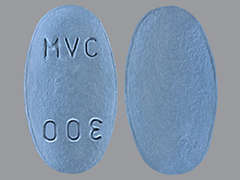 Esto es un Tableta azul oval imprimido con MVC 300 en la parte delantera, nada en la parte posterior, y es fabricado por VIIV HEALTHCARE.