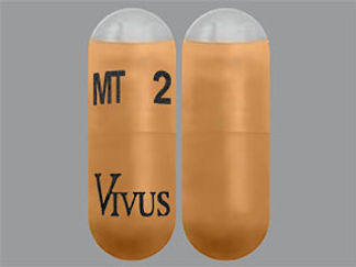 This is a Capsule Dr imprinted with MT 2 on the front, VIVUS on the back.