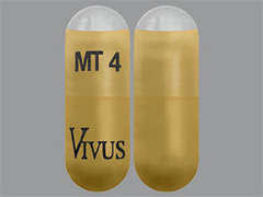 This is a yellow oblong Capsule Dr imprinted with MT 4 on the front, VIVUS on the back, and is manufactured by VIVUS.