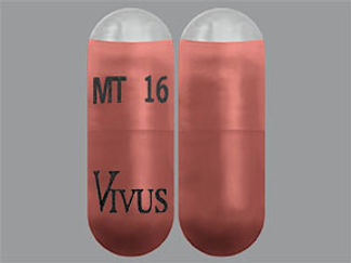 This is a Capsule Dr imprinted with MT 16 on the front, VIVUS on the back.