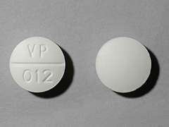 This is a white round Tablet imprinted with VP  012 on the front, nothing on the back, and is manufactured by HIKMA PHARMACEU.