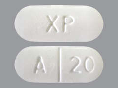 Esto es un Tableta blanco oblongo imprimido con XP en la parte delantera, A 20 en la parte posterior, y es fabricado por HIKMA PHARMACEU.