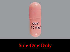This is a pink oblong Capsule imprinted with duv  15 mg on the front, nothing on the back, and is manufactured by SECURA BIO, INC.