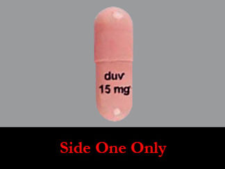 Esto es un Cápsula imprimido con duv  15 mg en la parte delantera, nada en la parte posterior, y es fabricado por None.