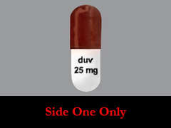 This is a swedish orange oblong Capsule imprinted with duv  25 mg on the front, nothing on the back, and is manufactured by SECURA BIO, INC.