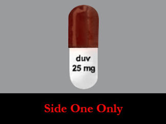 This is a Capsule imprinted with duv  25 mg on the front, nothing on the back.